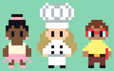 Personagem dançarina, cozinheira e professor em forma de pixel art