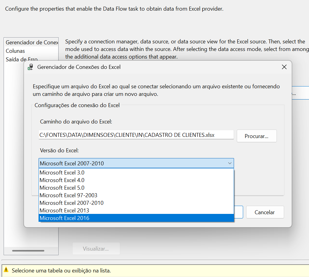 Imagem que retrata a falta compatibilidade com o Excel 2019