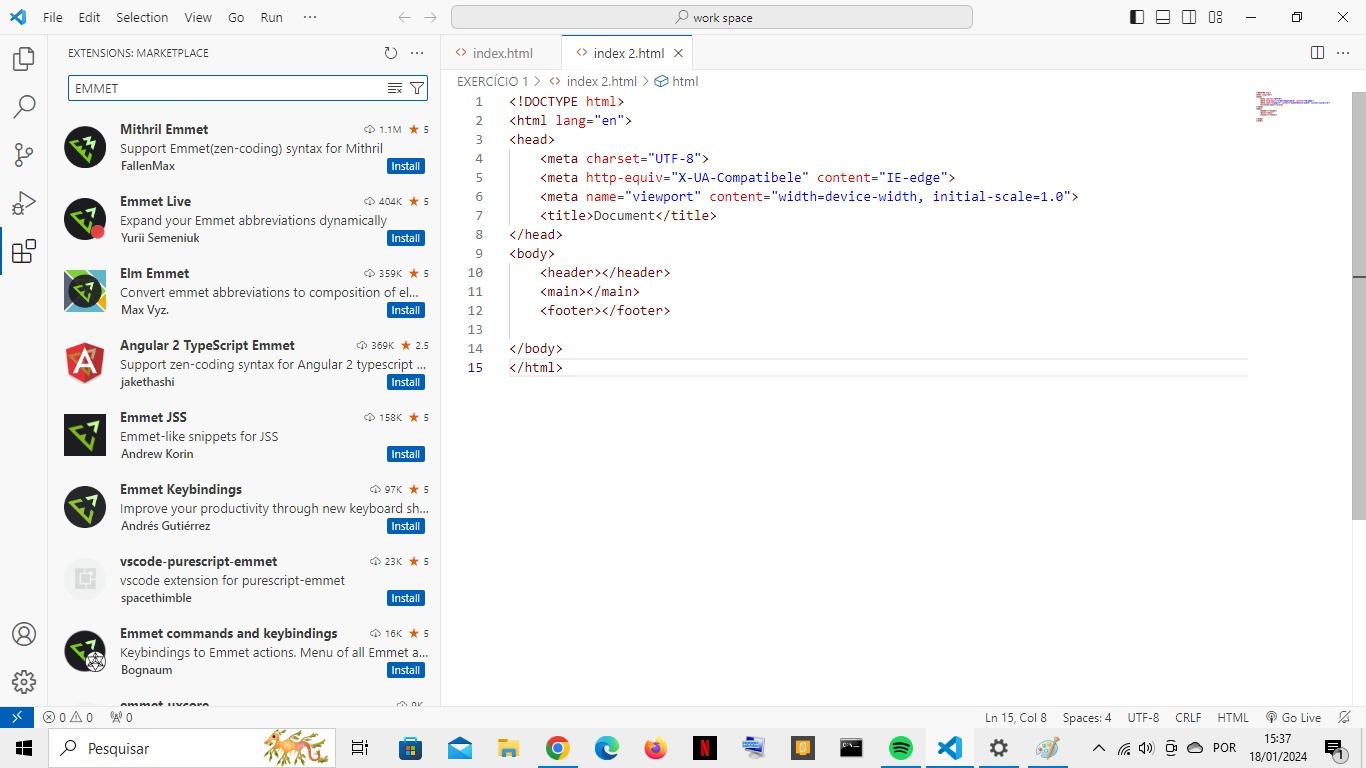 O VSCode está aberto, a direita tem um temos um código escrito em html bem básico e a esquerda uma pesquisa aberta na área de extensões, dentro da barra de pesquisa está escrito Emmet, abaixo temos alguns resultados para essa pesquisa Mithril Emmet, Emmet Live, Elm Emmet, Angular 2 typeScript Emmet, Emmet JSS, Emmet Keybindings, vscode-purescript-emmet, Emmet commands and keybindings 