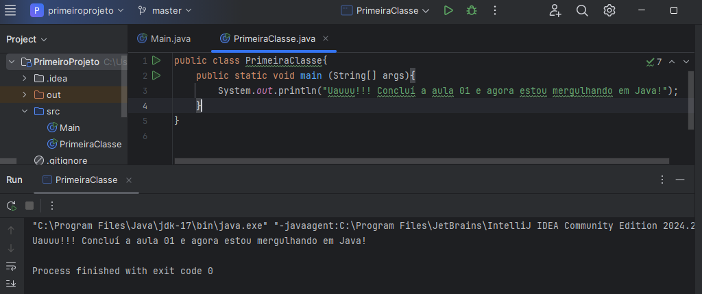 Tela do IntelliJ com o desafio de criar a Primeira Classe