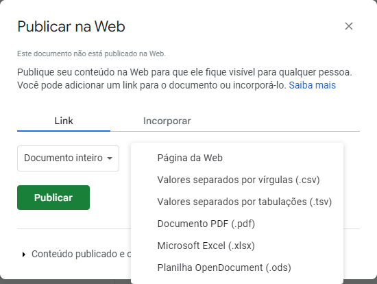 Caixa de diálogo intitulada "Publicar na Web"