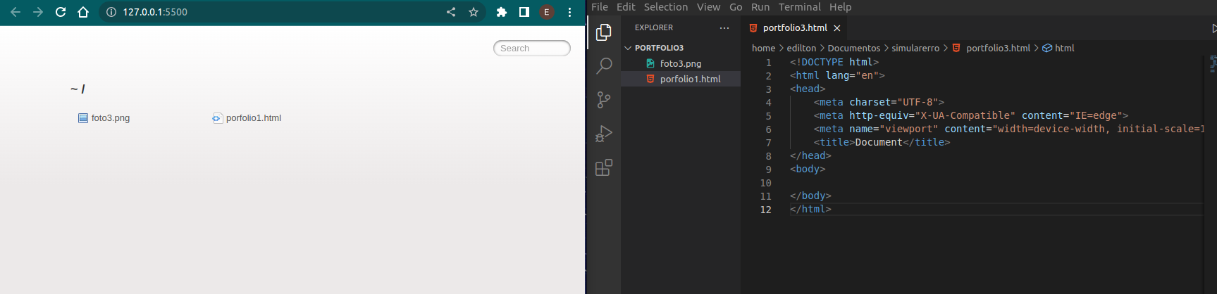 print da tela do Vscode para exemplificar erro de renderização Live Serve