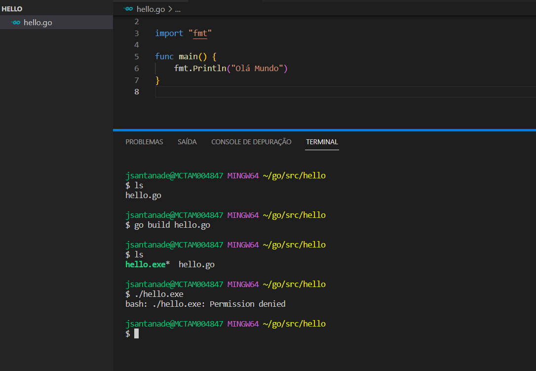 Tela do VS Code com problemas de execução