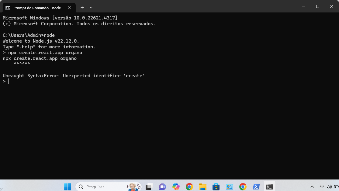 Erro no cmd ao tentar rodar o comando "npx create-react-app"