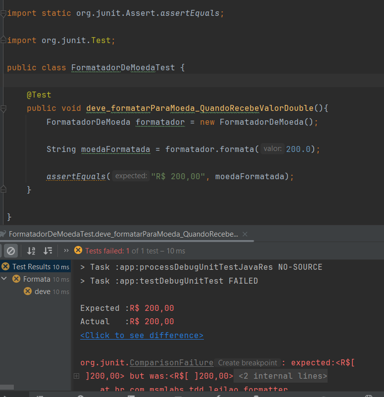 IErro no teste com assertEquals