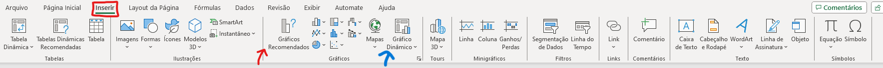 Clica em Inserir e procura a seção gráficos ali vai ter os Gráficos Recomendados e Gráficos Dinamicos