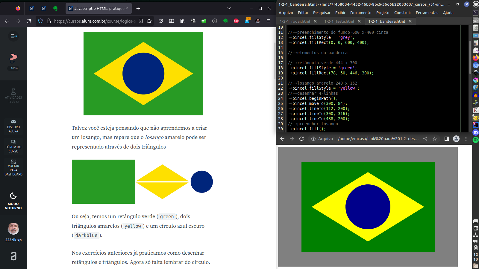 Captura da tela do computador com as janelas do navegador e editor de código abertas, demonstrando o código em javascript para desenhar a bandeira do Brasil.