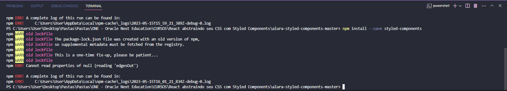 Erro na Instalação "npm install --save styled-components"