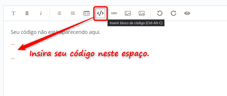 Imagem orientando como postar códigos de programação no fórum.