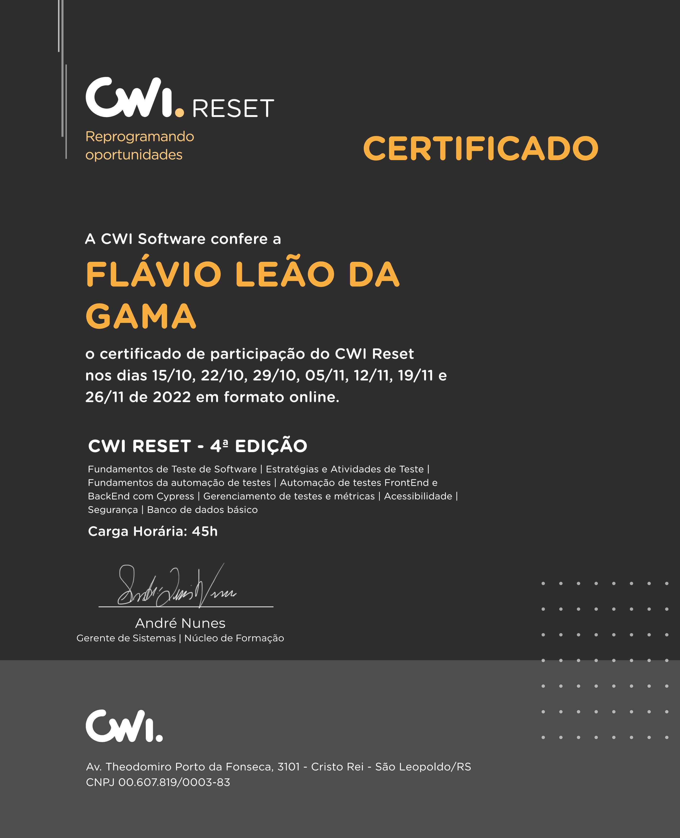 Certificado da formação QA CWI