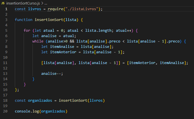 Código escrito a partir da aula "Programando o Algoritmo, com algumas mudanças usando destructuring, e.g."