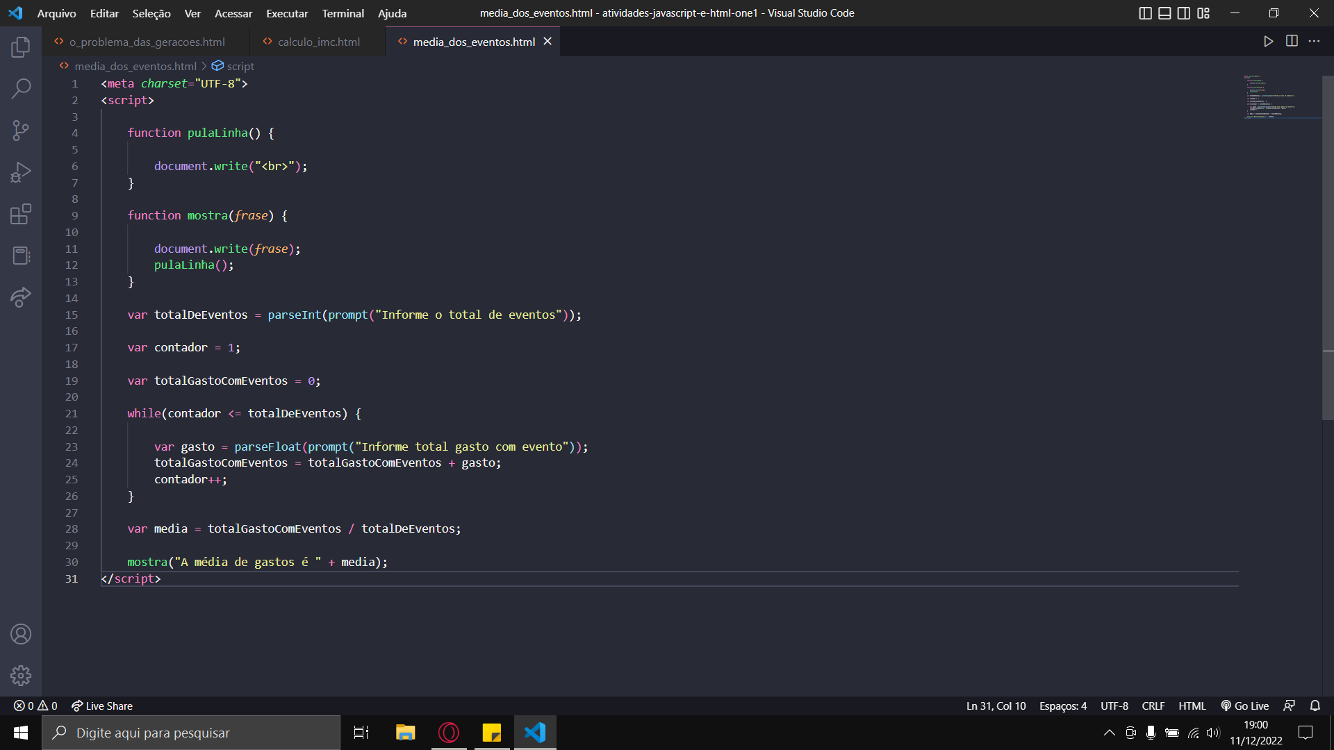 Printscreen da tela do VS Code, contendo a resolução do código em HTML e JavaScript