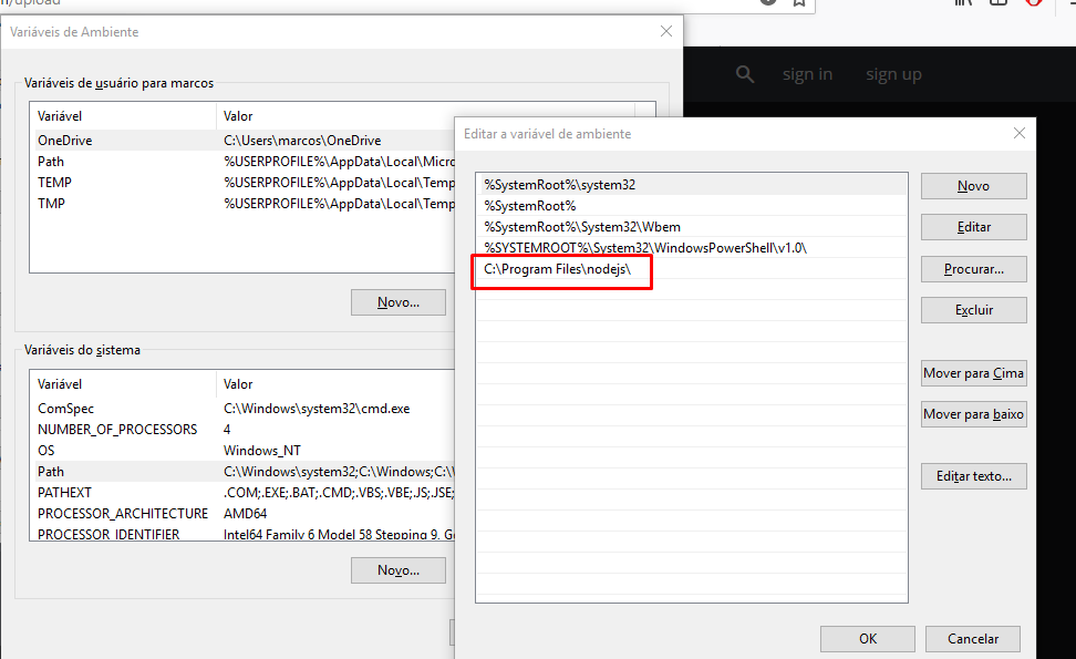 Imagem das variavens de ambiente do windows referente a instalação do node.js
