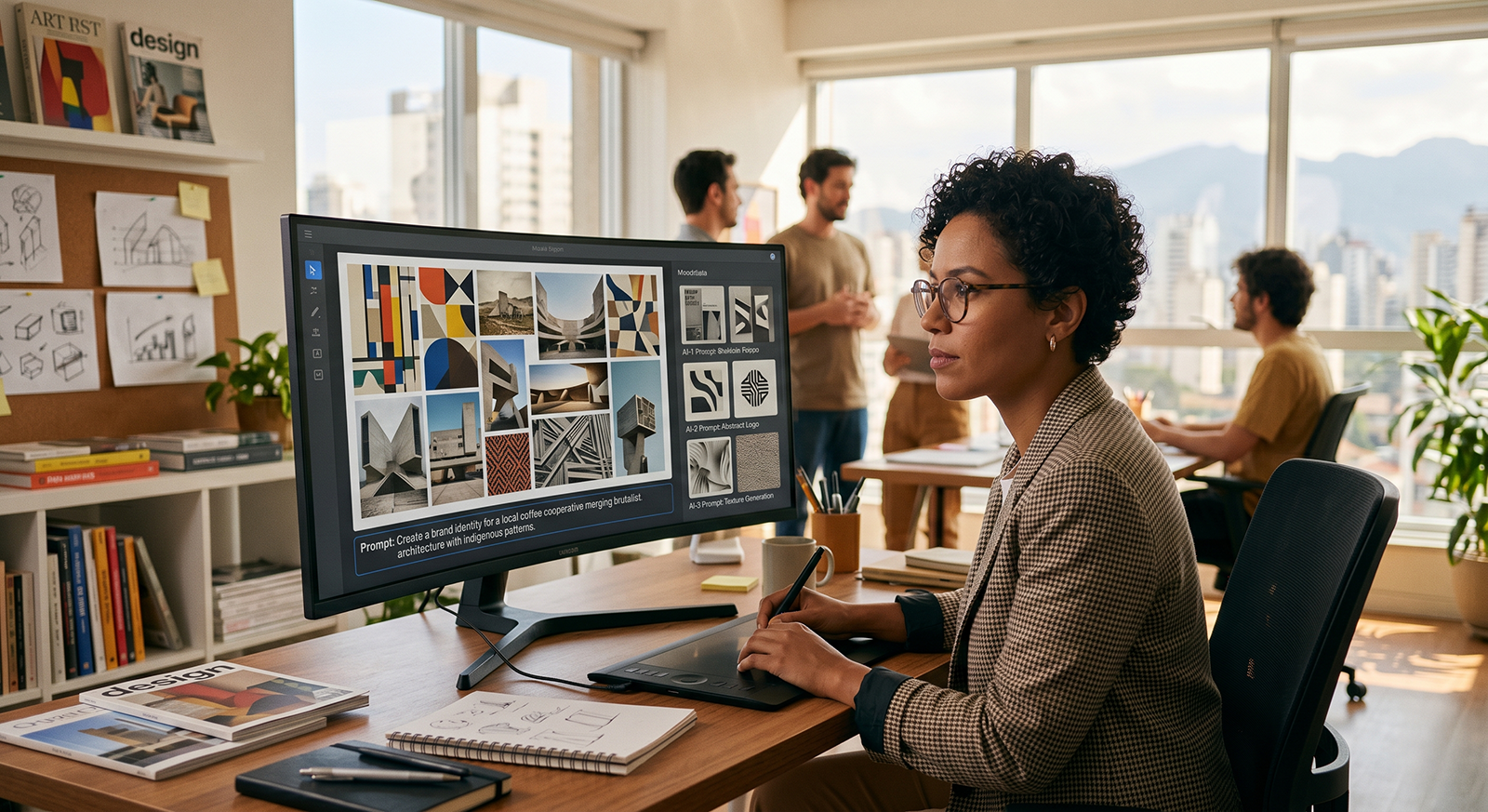 Uma designer negra concentrada trabalha em um escritório moderno, utilizando inteligência artificial em um monitor curvo e uma mesa digitalizadora para criar conceitos visuais estratégicos.