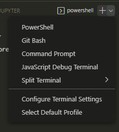 menu de perfis de console do VS Code