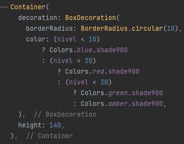 A forma que encontrei de resolver o desafio, foi alterando a cor de 10 em 10 níveis da seguinte forma:
Para alterar as cores, utilizei um simples operador ternário no BoxDecoration para alterar as cores conforme os níveis, de 10 em 10, como demonstrado na imagem.