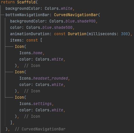 Com o intuito de explorar um pouco a mais a utilização de animações, resolvi utilizar uma CurvedNavigationBar no BottomNavighationBar para deixar a aplicação um pouco mais animada, como mostra o trecho do código abaixo.