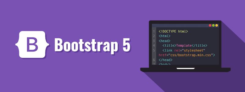 Logo do boostrap 5 e  um computador com um terminal aberto