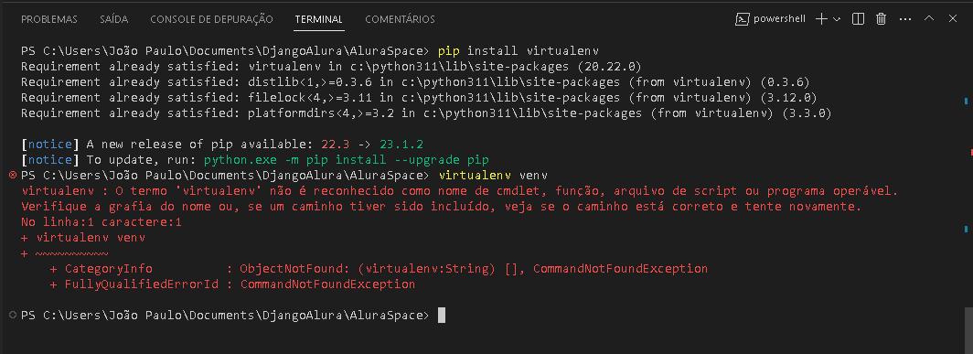 instalei o virtualenv mas o terminal nao reconhece quando tento usar