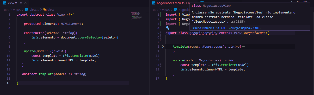 Codigo com bug de 'A classe não abstrata 'NegociacoesView' não implementa o membro abstrato herdado 'template' da classe 'View<Negociacoes>'.