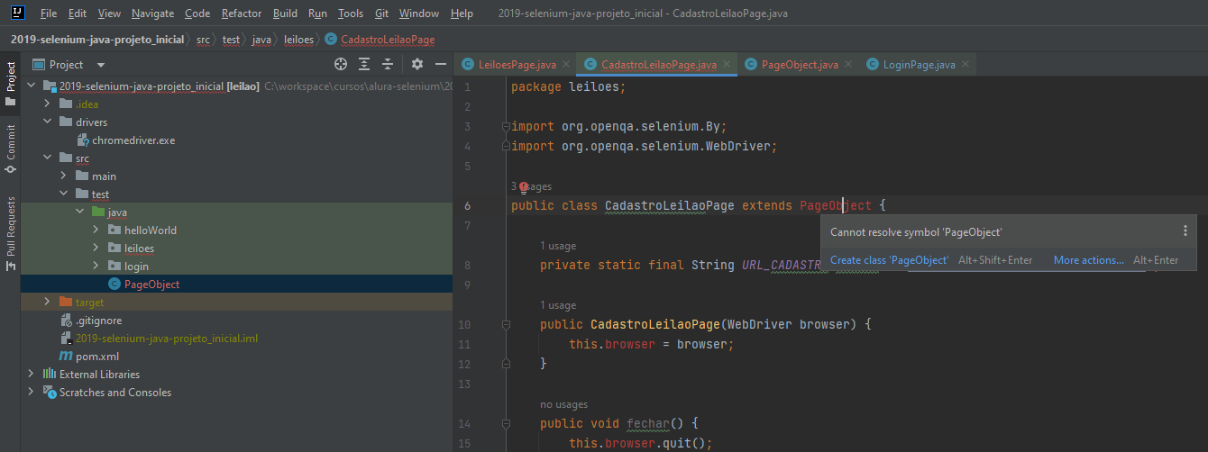 imagem mostra estrutura da pasta onde está destacado o erro informando que a classe PageObject não é reconhecida