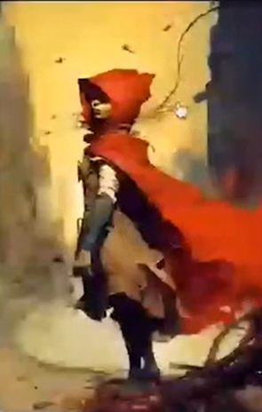 Ilustração digital colorida de chapeuzinho vermelho com roupas desgastadas em um cenário destruído.