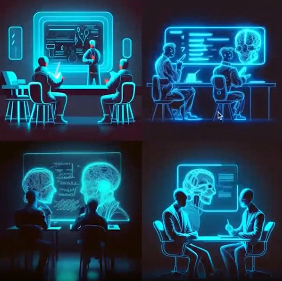 Quatro ilustrações digitais representando duas pessoas sentadas em mesas de escritório com projeções de dados e esquemas na parede. A cor azul neon é predominante.