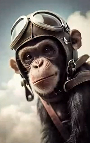 Ilustração digital colorida. Filhote de chimpanzé utilizando um chapéu de aviação vintage. Ao fundo, nuvens brancas.