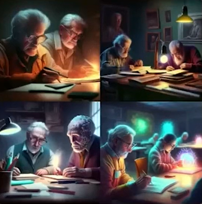 Quatro ilustrações digitais coloridas representando duas pessoas sentadas em uma mesa fazendo anotações em seus cadernos.