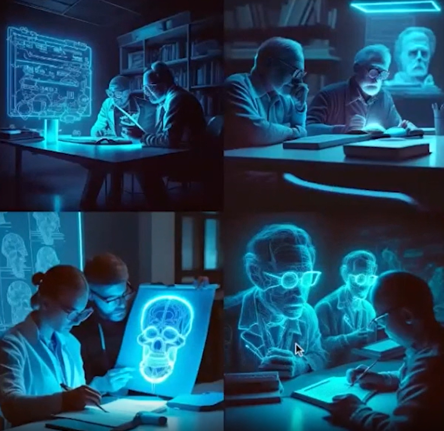 Quatro ilustrações digitais fotorrealistas representando duas pessoas sentadas em uma mesa. Ao redor delas, livros e e projeções de dados e esquemas. A cor azul neon é predominante.