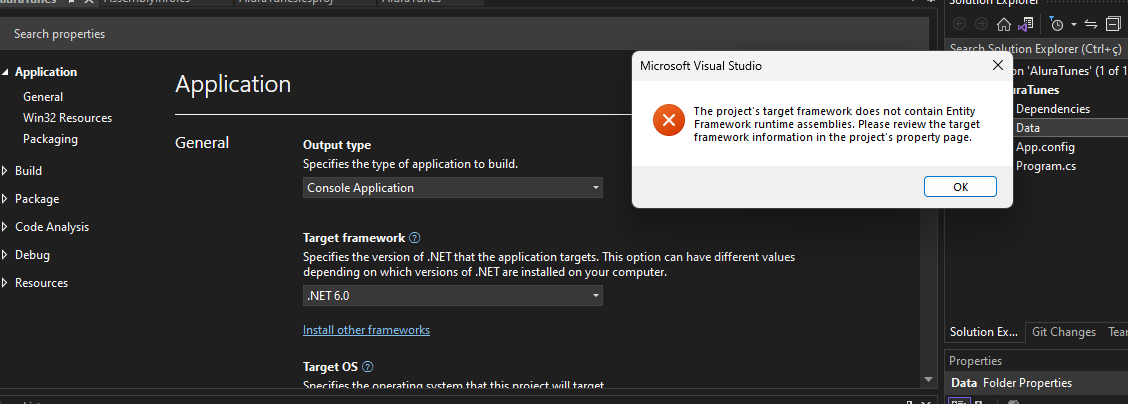 Print do erro ao instalar o ADO.NET Entity Data Model