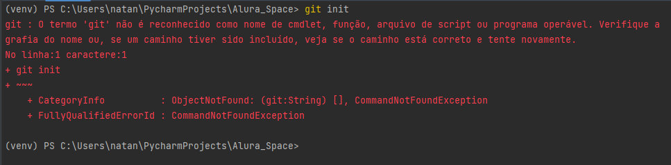 imagem demonstrando um erro ao digitar git init no terminal