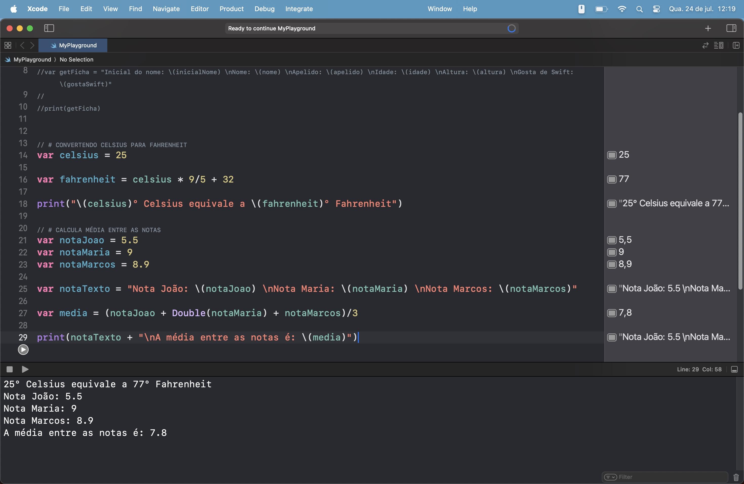 Na foto: Janela do Xcode com os códigos referentes aos desafios: converter celsius para fahrenheit e cálculo de média