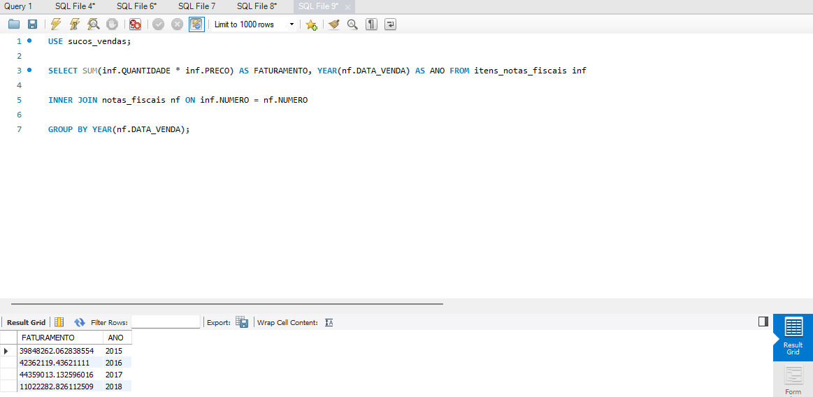 Na imagem: tela do MySQL Workbench com a solução da atividade "Obtendo o faturamento anual"