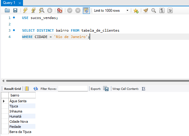 Na imagem: tela do MySQL Workbench com o código de busca por bairros distintos do Rio de Janeiro