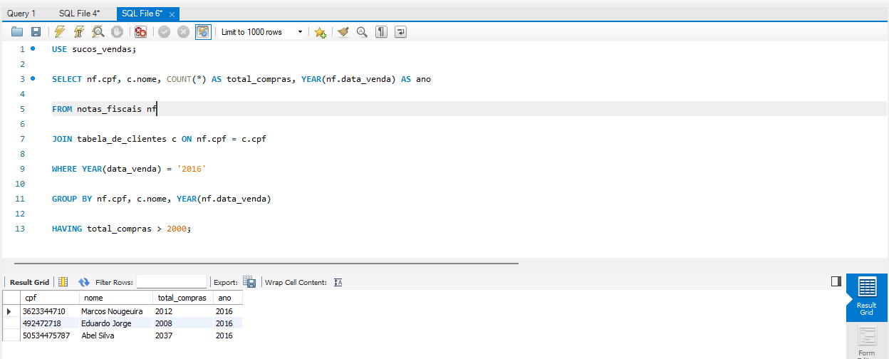 Na imagem: tela do MySQL Workbench com a solução do projeto "Clientes de compras em 2016"