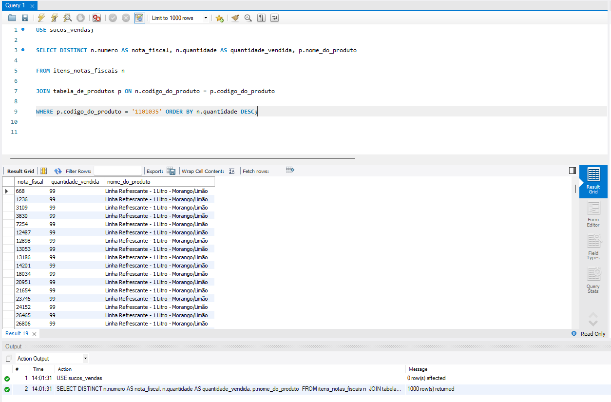 Na imagem: tela do MySQL Workbench com a solução do projeto "Maior venda"