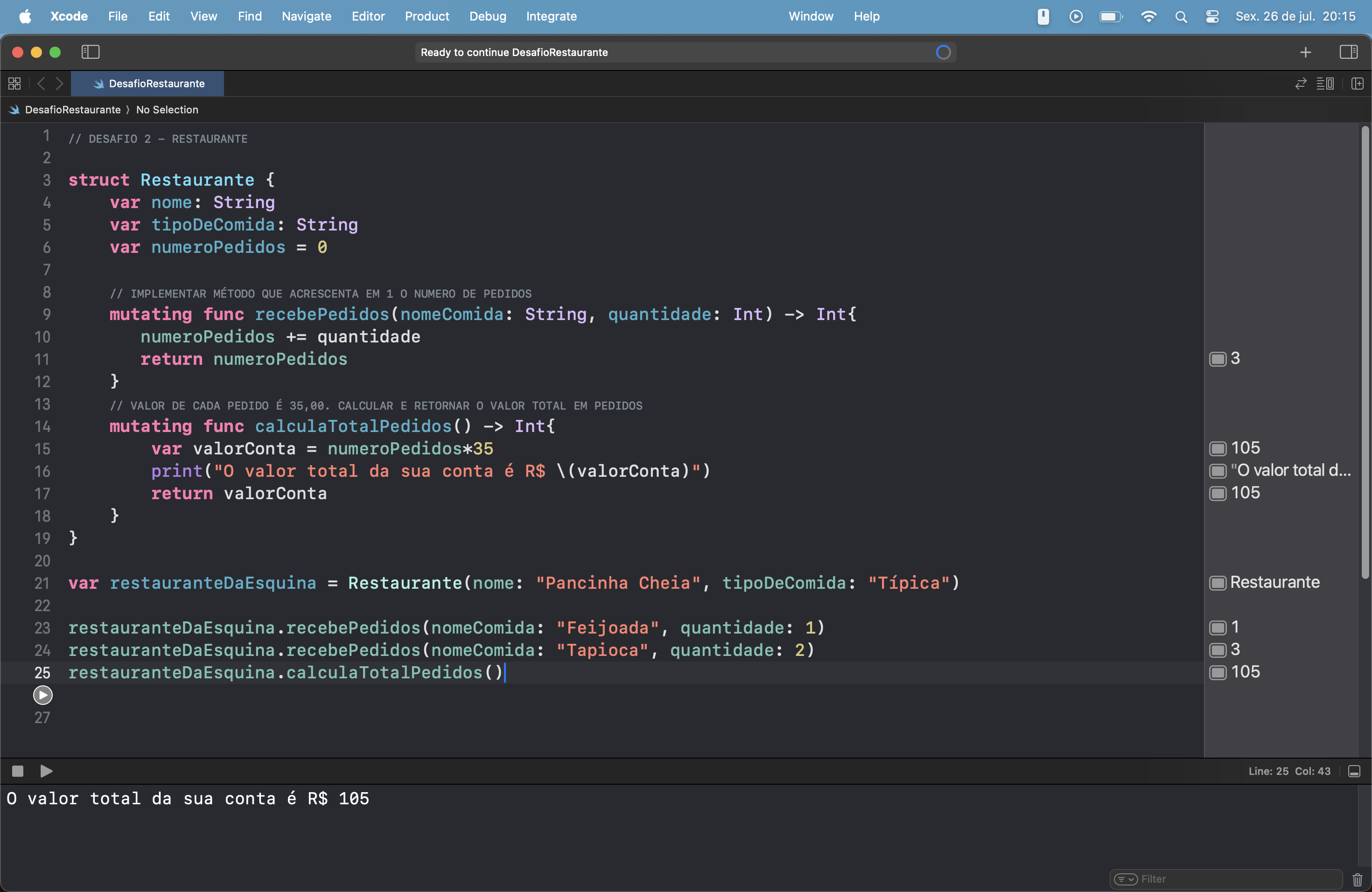 Na foto: janela do xcode aberta com os códigos requeridos para o desafio: restaurante