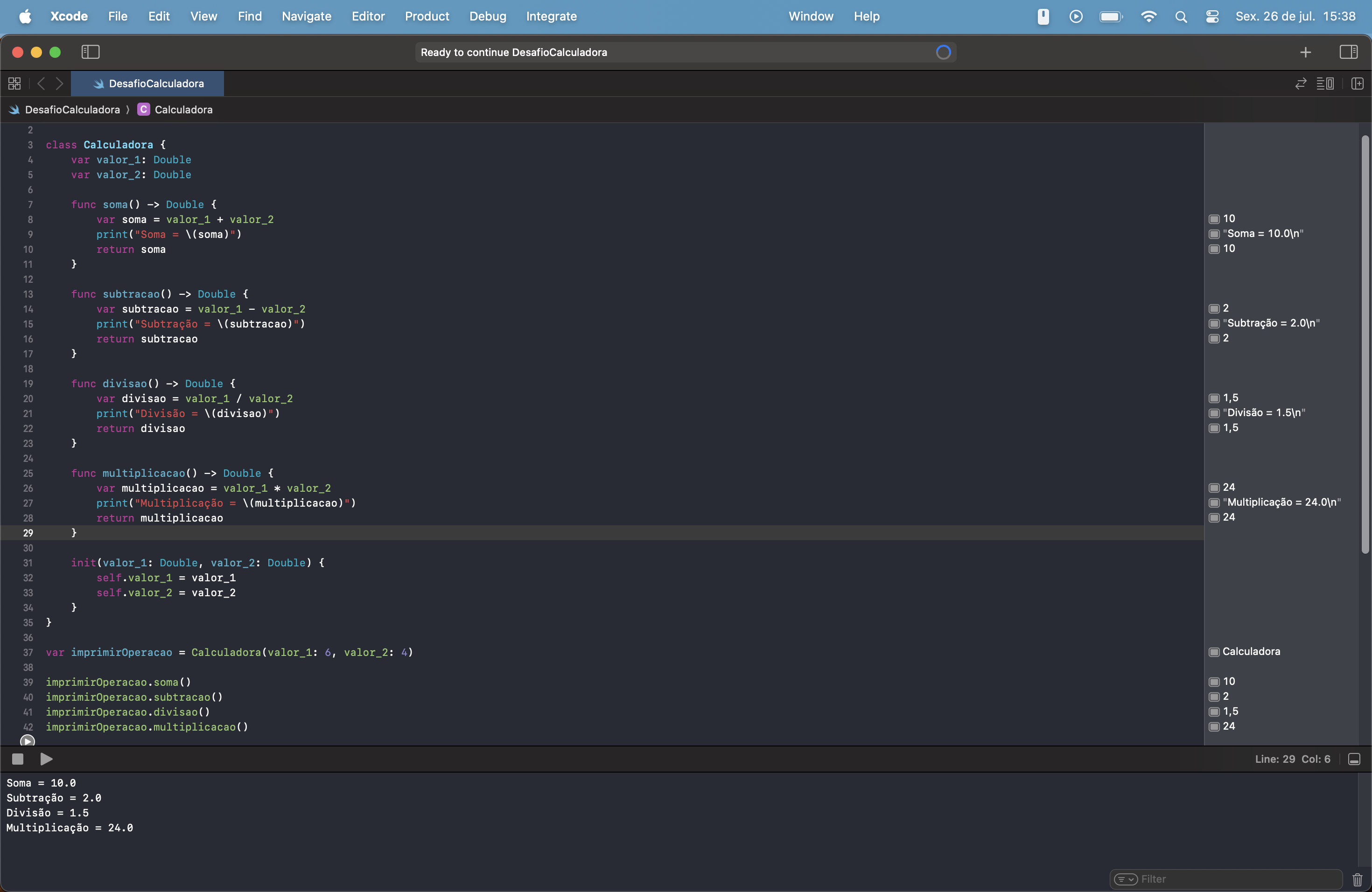 Na foto: janela do xcode aberta com os códigos requeridos para o desafio: calculadora