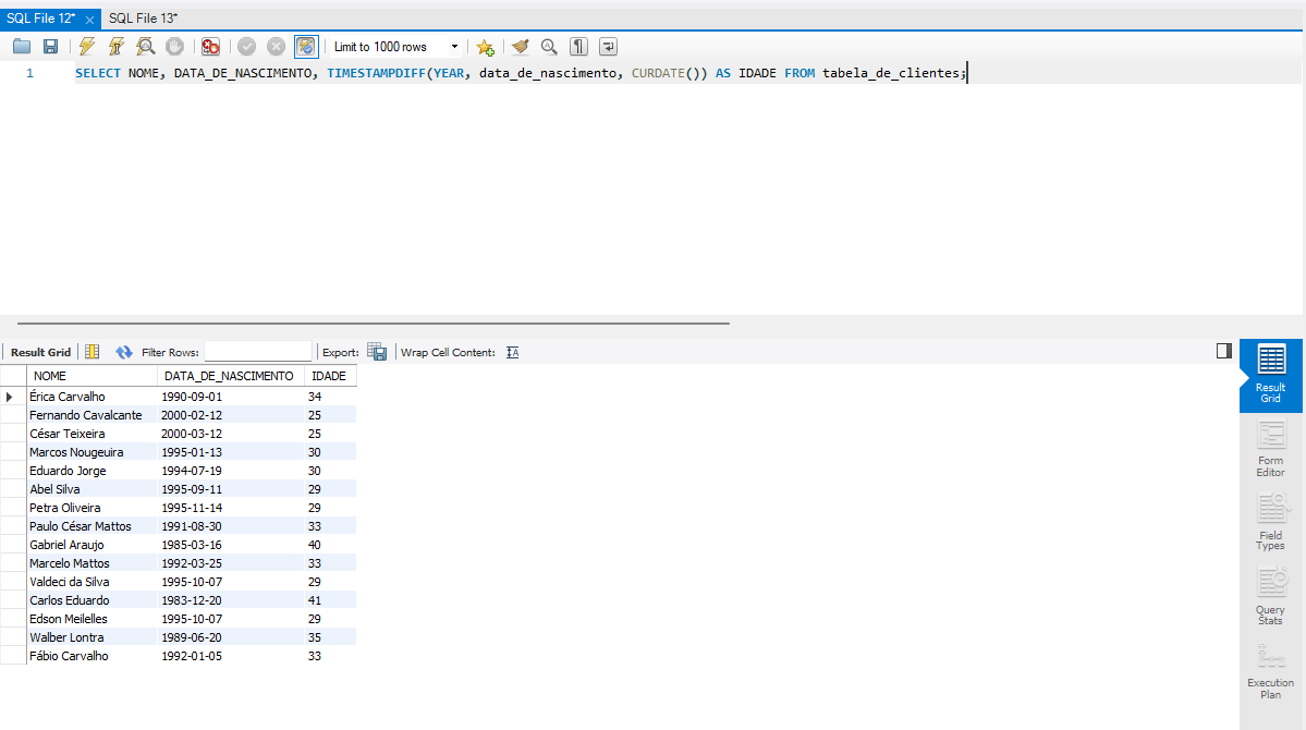 Na imagem: tela do MySQL Workbench com a solução para a atividade " Idade dos clientes"