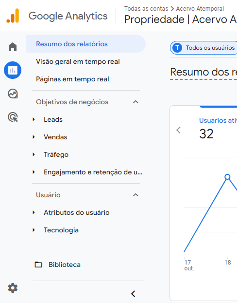 Página do google analytics com interface diferente da mostrada em aula