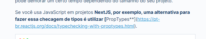 Captura de tela onde o link para PropTypes deixou de ser captado por dois asteriscos fora de lugar