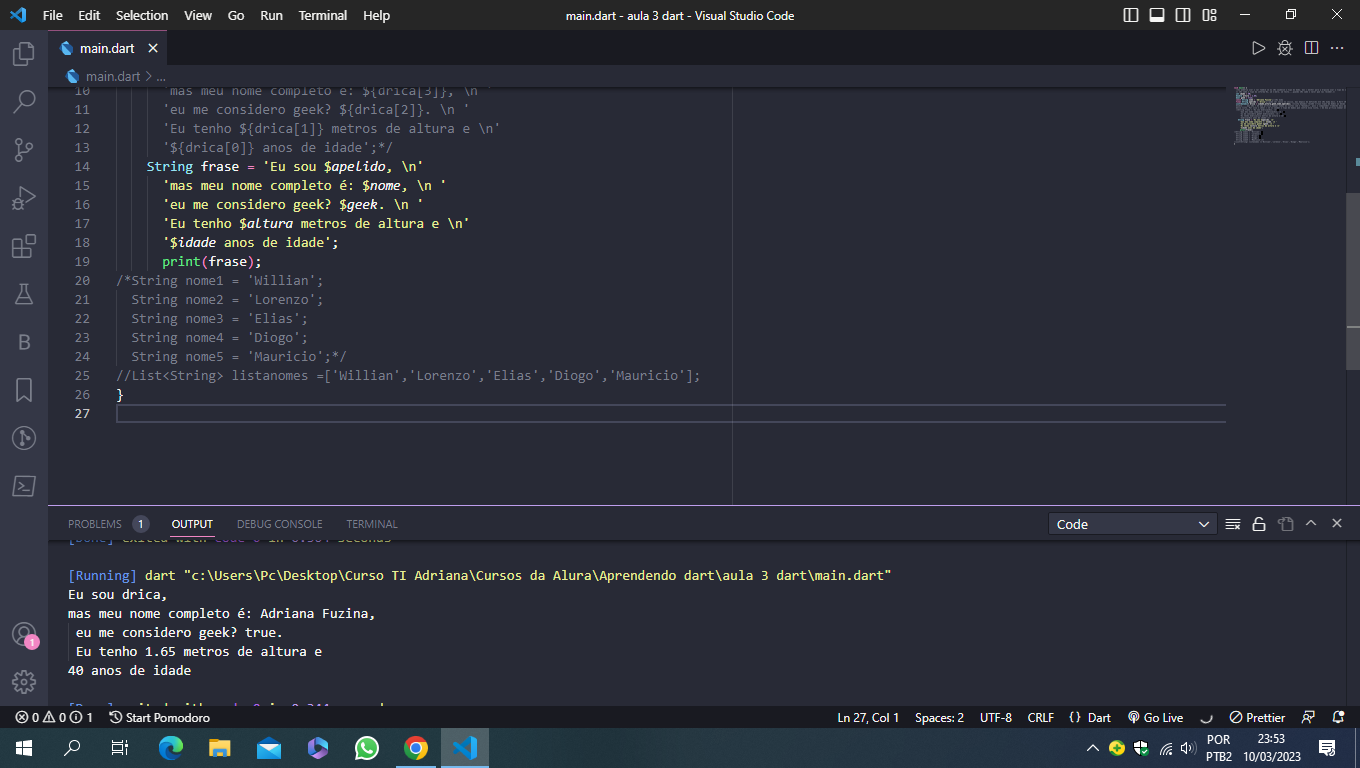 imagem da tela do vs code com o resultado da frase no terminal/console