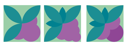 Três quadrados verdes, em cada um deles há um formato de uva diferente, no primeiro são três folhas e três uvinhas, no segundo são 5 folhas com duas tonalidades de verde um pouco mais escuro que o fundo e 6 uvinhas e no terceiro as mesmas folhas que o segundo mas com 3 uvinhas de tonalidades de roxo diferentes.