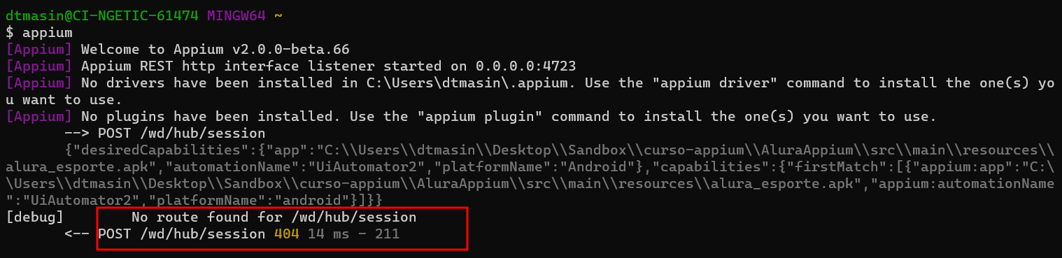 Erro no terminal, que o server do Appium está em execução