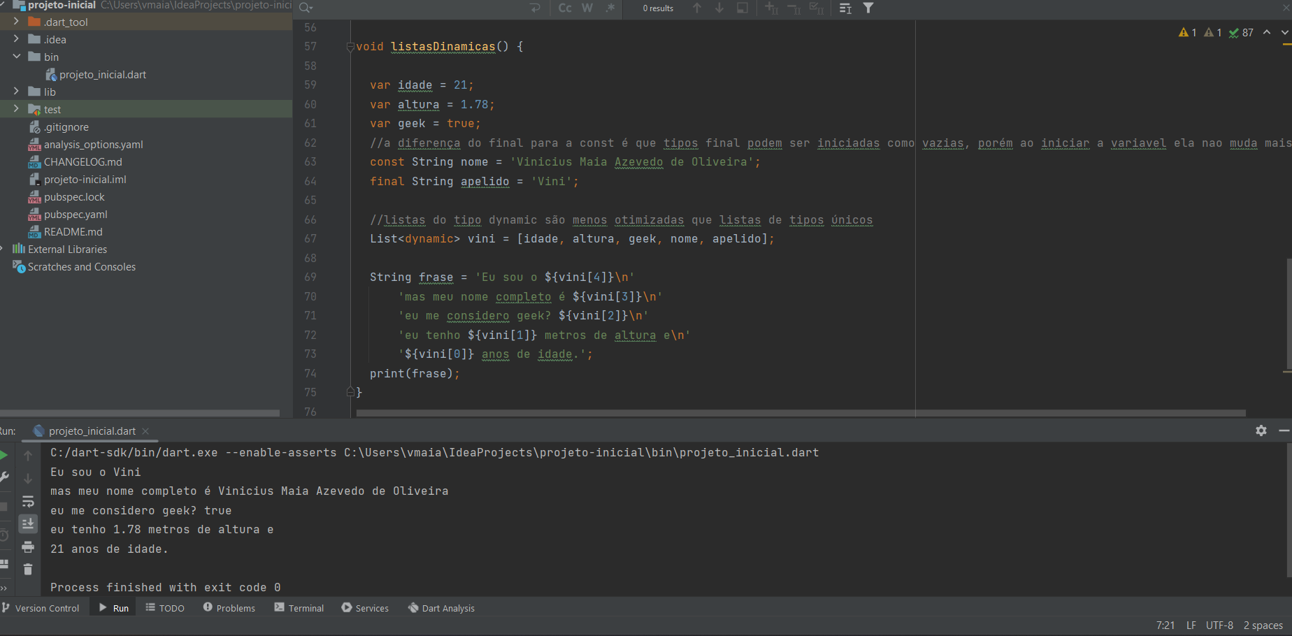 Codigo de listas dinamicas em Dart no intelliJ