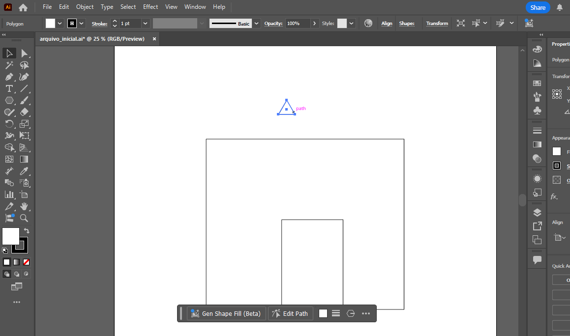 triângulo selecionado na página em branco do ilustrator