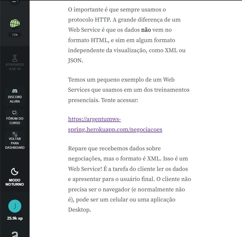 Página web do curso de HTTP da ALURA onde é sugerido que o link em questão seja acessado