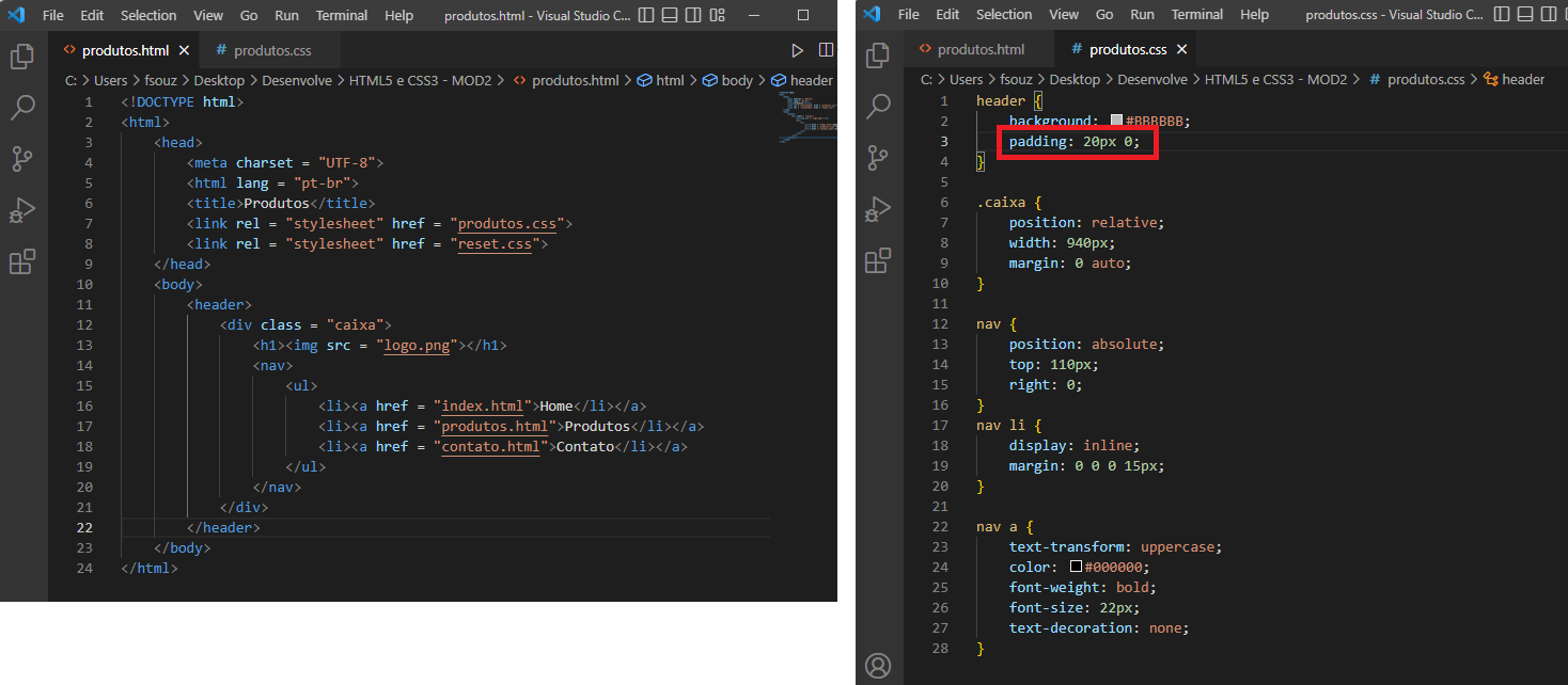 Imagem com duas telas do Visual Studio Code, a primeira com o código em html e a segunda com o código em css, nesta última tem uma borda vermelha ao redor de padding: 20px 0; para mostrar onde está o erro