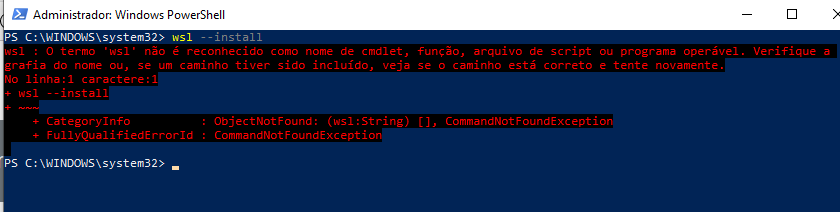 Erro ao tentar instalar o WSL via Windows Power Shell